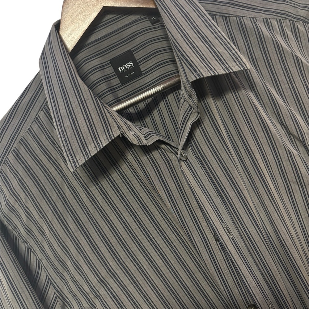 Boss Men's Black and Gray Striped Dress Shirt